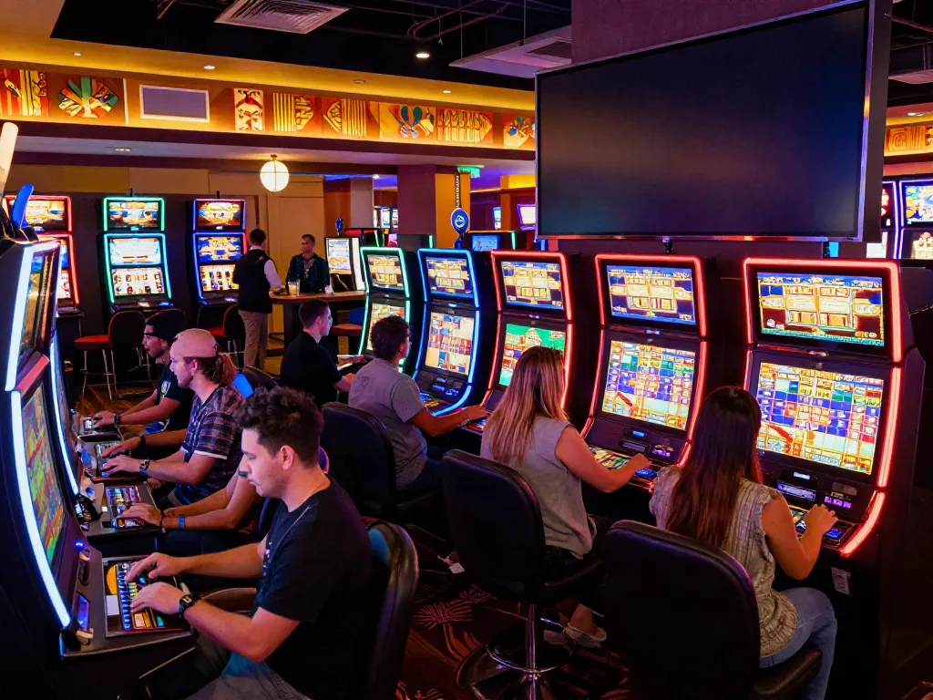 Pengalaman bermain slot betslots88 di kasino yang meriah dengan banyak pemain dan cahaya warna-warni.