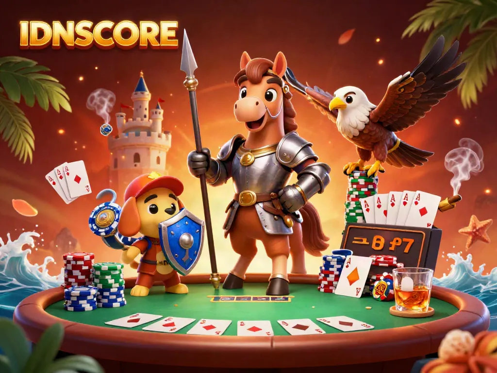 Experience thrilling poker action at IDNSCORE with knights and a whimsical squire puppy in an epic gaming scene.