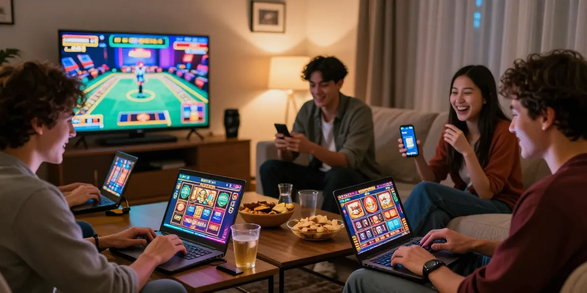 Gambaran suasana bermain mpo007 dengan teman-teman, menikmati permainan slot online di ruang tamu yang nyaman.