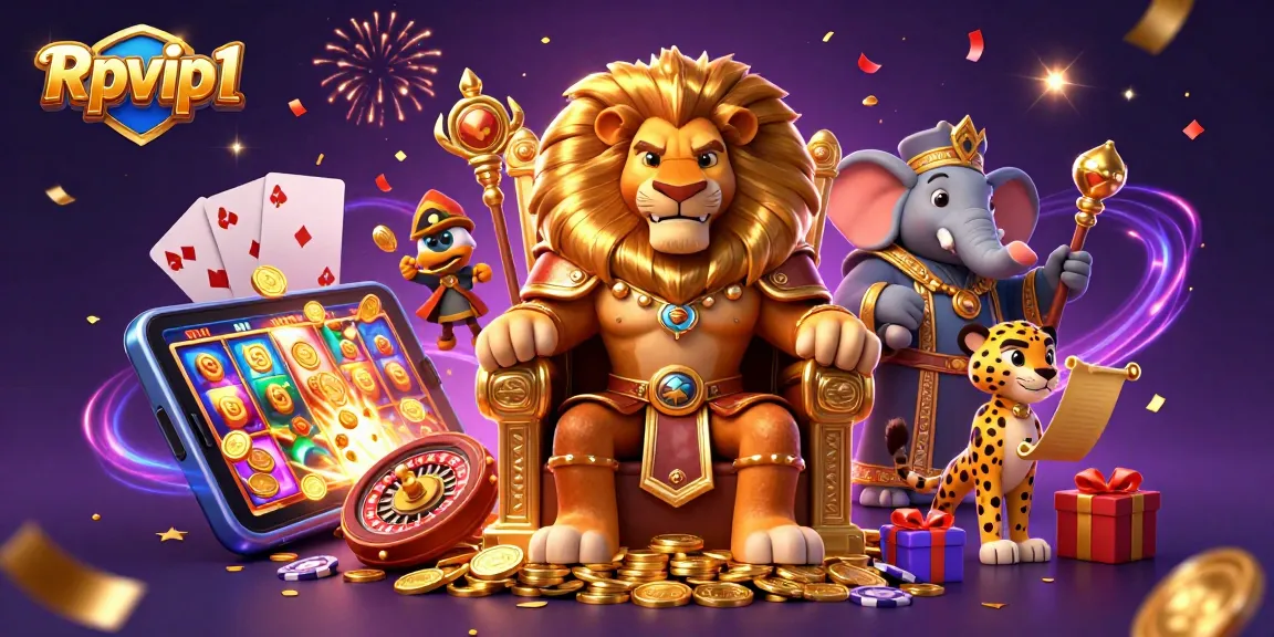 Rasakan keseruan Rpvip1 dengan ilustrasi kasino yang berwarna-warni menampilkan raja singa, penasihat gajah, dan utusan cheetah.