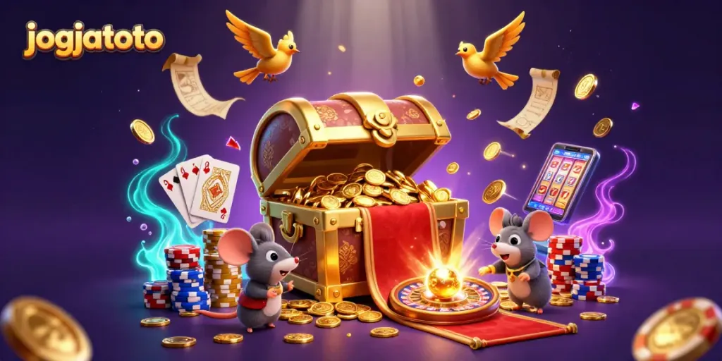 Experience the thrill of jogjatoto with a vibrant illustration featuring treasure chests and lucky charms.