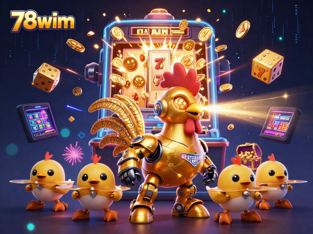 Engage in thrilling casino action with 78wim's vibrant illustration, showcasing dynamic golden rooster robot and exciting gaming elements.