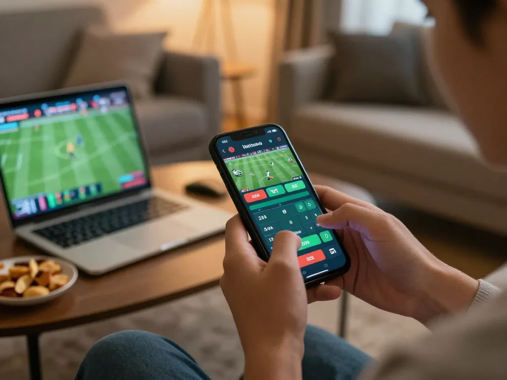 Xoilac user placing live sports bets on smartphone in a cozy living room.