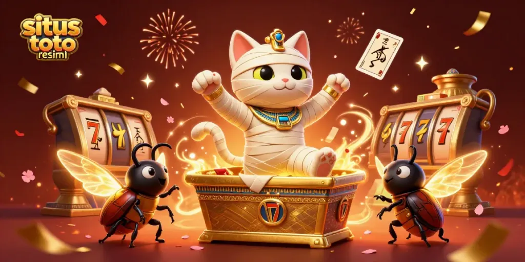 Experience excitement at situs toto resmi with a 3D cartoon scene of a mummy cat in a casino.