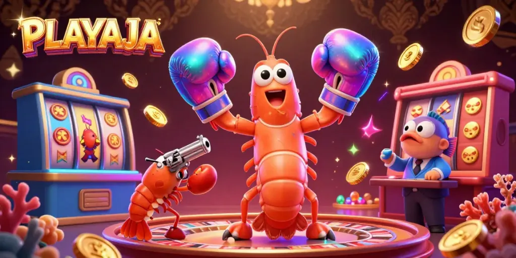 Experience thrilling gameplay with PLAYAJA in a dynamic casino scene filled with vibrant characters and colorful elements.