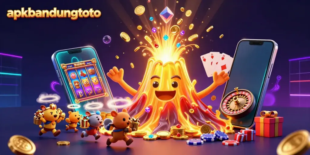 Experience exciting gameplay at apkbandungtoto with a golden volcano erupting treasure coins, slot games, and vibrant characters.