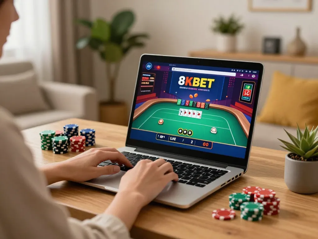 8KBET online casino gaming on a laptop at home, showcasing an engaging poker game.