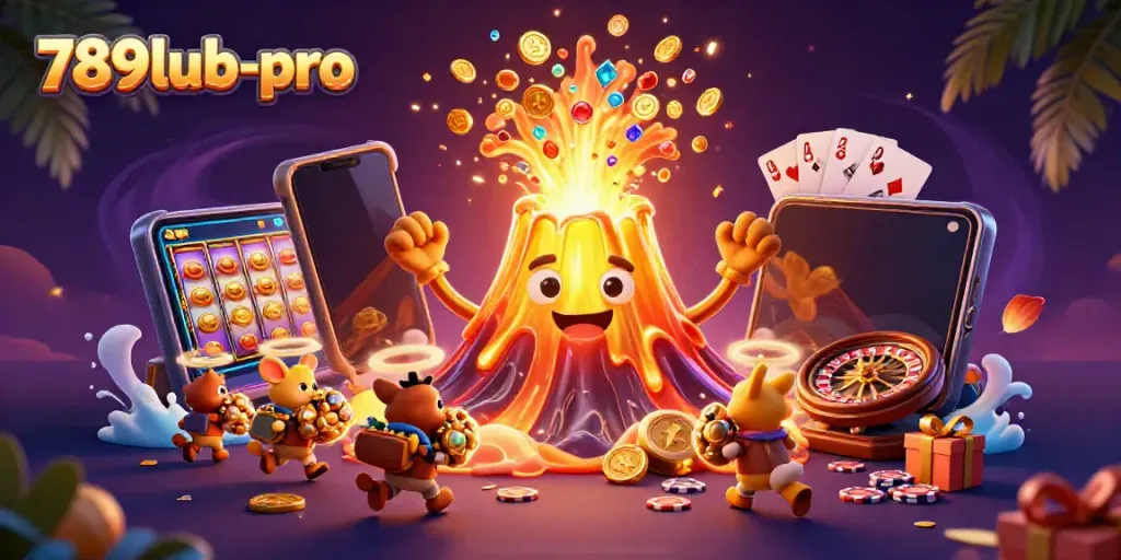 Engage in thrilling casino excitement with 789lub-pro, featuring a volcano of treasures erupting in a vibrant scene.