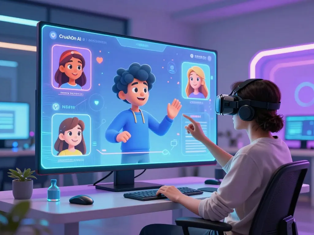 Engaging CrushOn AI chat experience with diverse character interactions in a vibrant tech workspace.