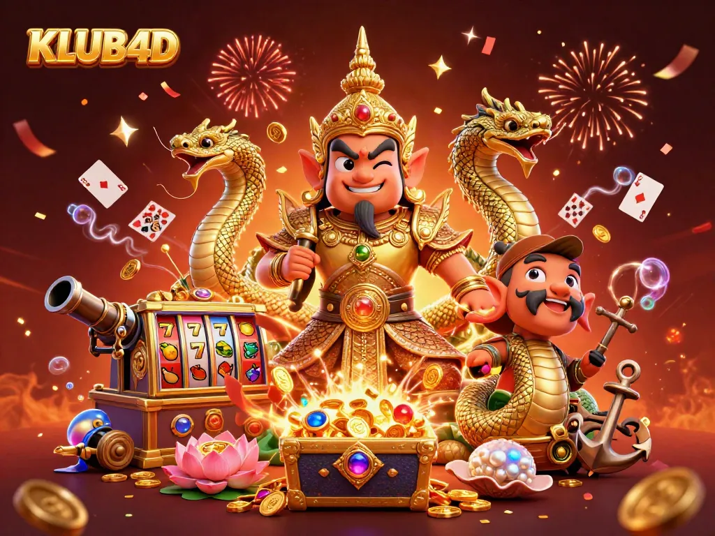 Gambar ilustrasi KLUB4D menghadirkan penjaga kuil Thailand dalam armor emas yang dikelilingi slot dan harta karun.