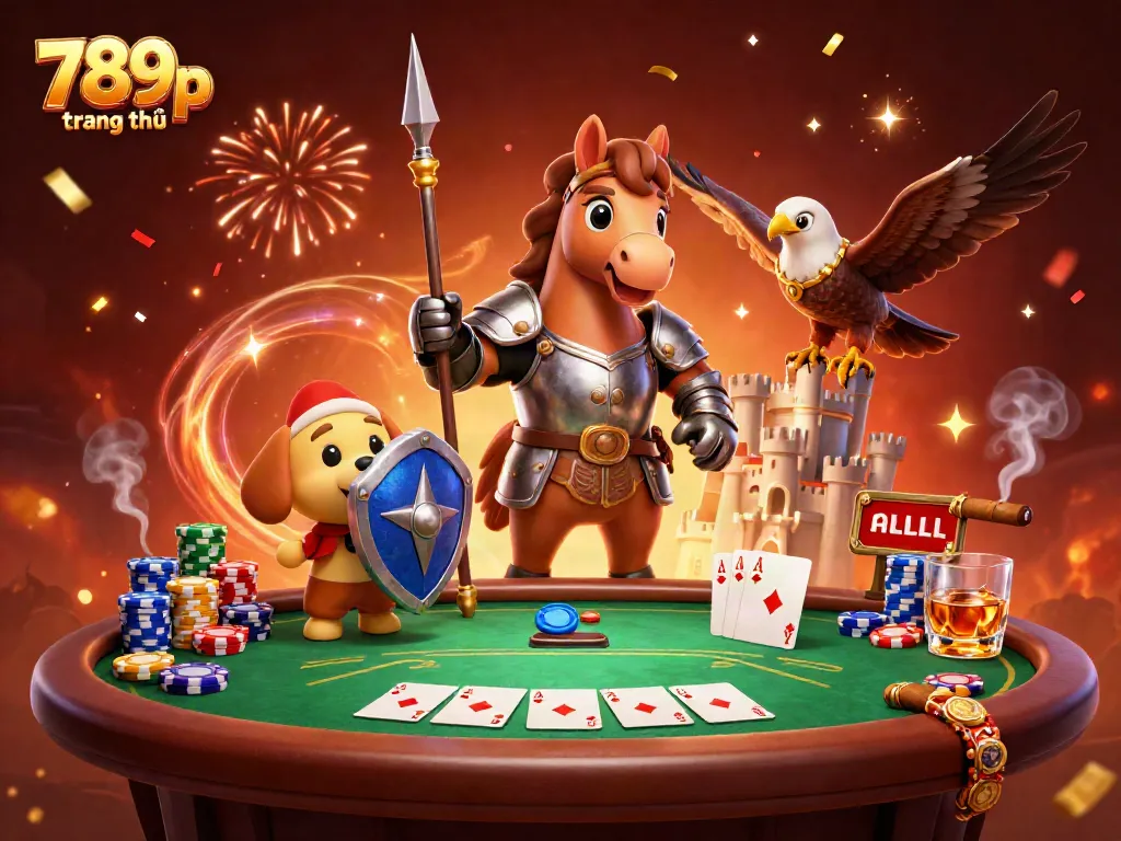 Experience thrilling 789p trang chủ gaming with a knight, squire, and falcon at a lively poker table.