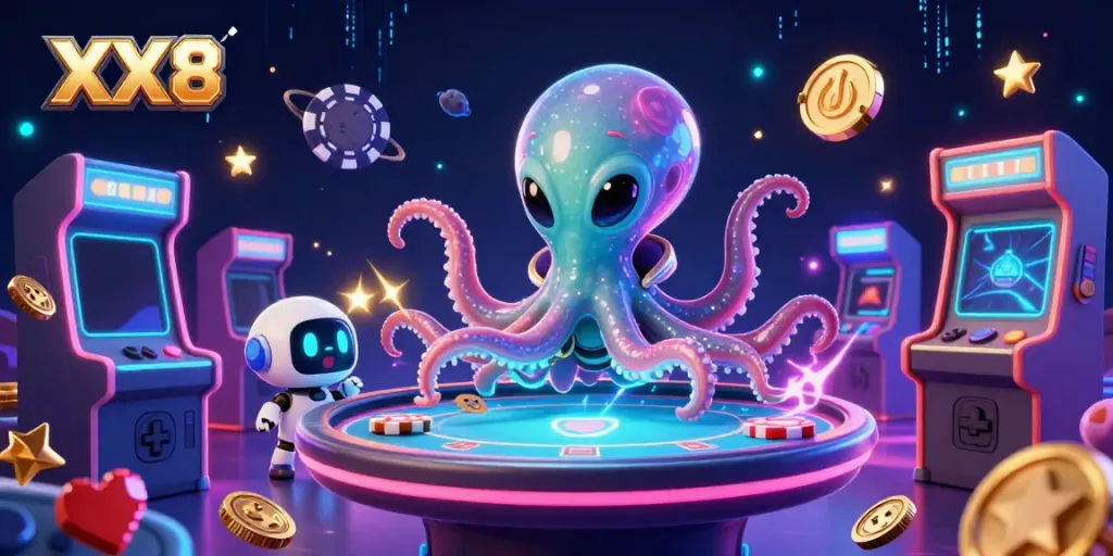 Experience XX8's captivating alien-themed poker game in a vibrant 3D casino scene.