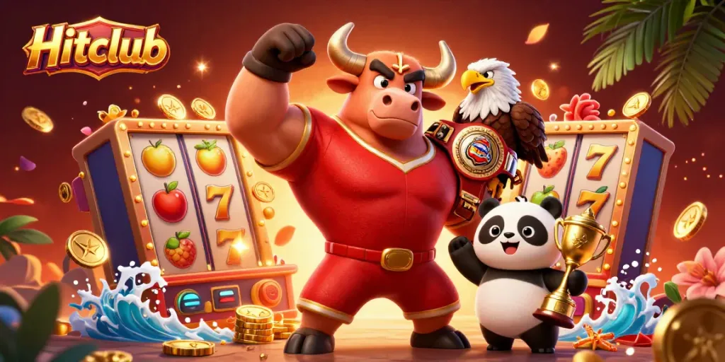 Hitclub showcases a vibrant casino scene featuring a muscular bull, eagle, and panda amidst slot machines and gold coins.