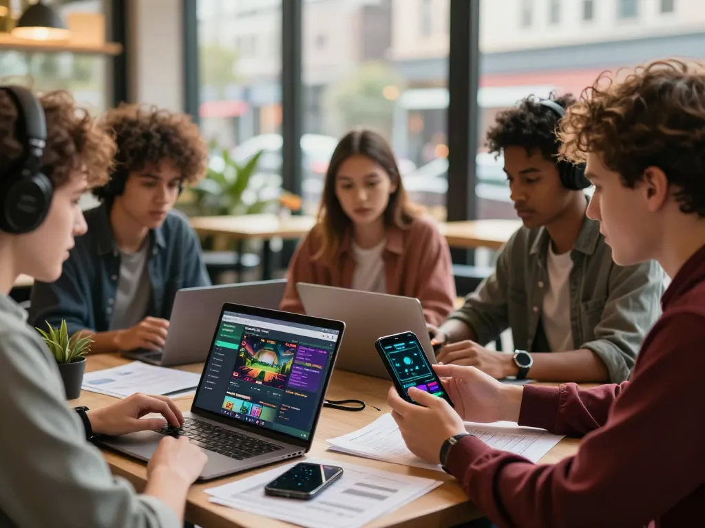 Diskusi tentang strategi judi online alexistoto di kafe dengan perangkat modern.