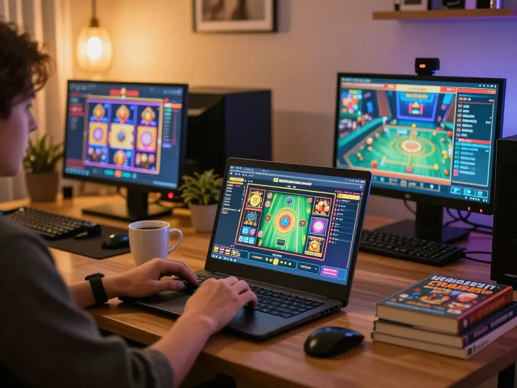 Engaging in kerajaanslot online gaming at home, showcasing colorful screens and cozy setup.