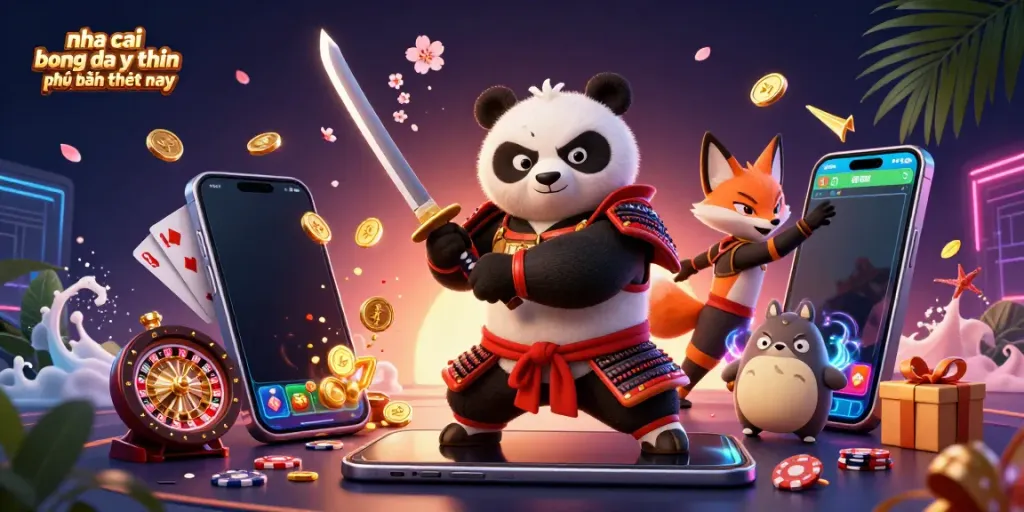 Engaging illustration showing the dynamic theme of nha cai bong da uy tin phổ biến hiện nay with a samurai panda, ninja fox, and spirit tanuki amid vibrant casino elements.