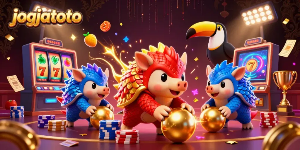 Experience the excitement of jogjatoto with dynamic pangolins bowling through poker chips in a lively casino scene.