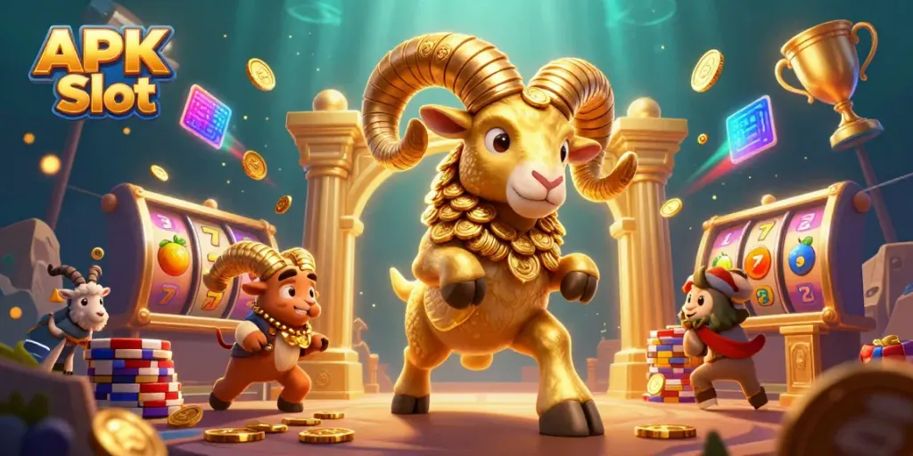 Experience thrilling action with APK Slot in this dynamic 3D casino illustration featuring golden ram and slot elements.