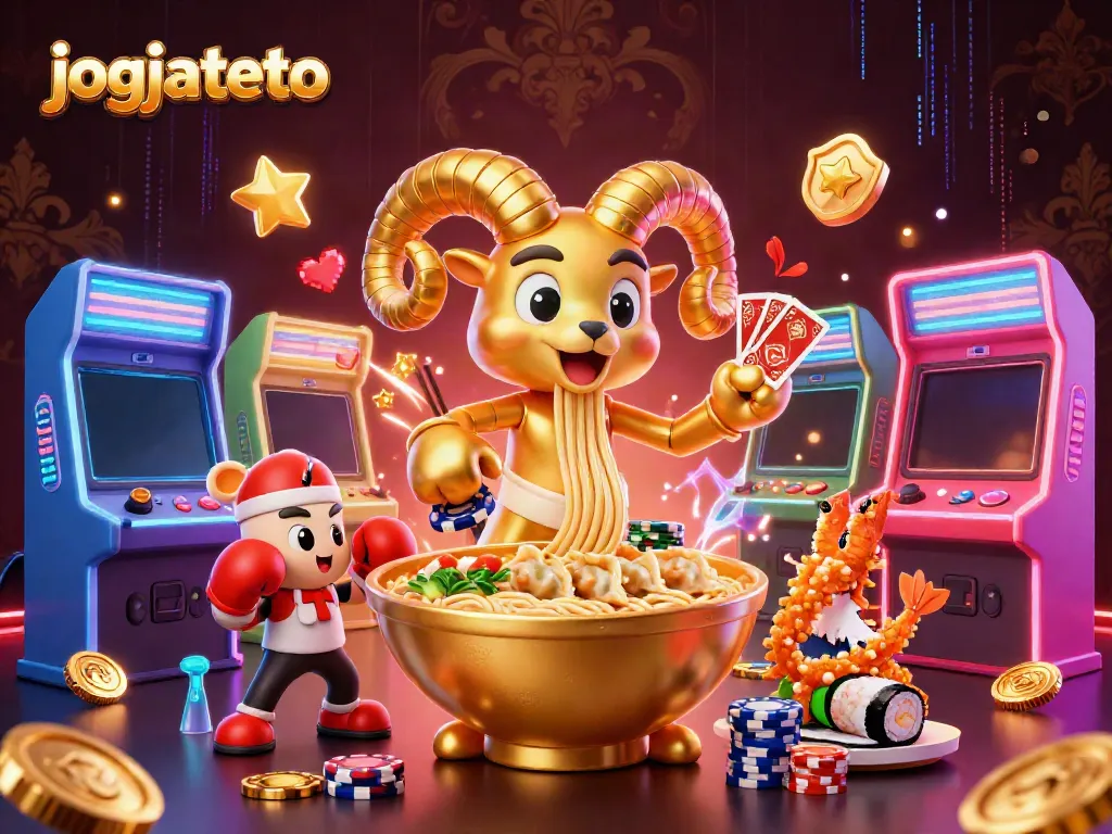 Engage with jogjatoto, featuring a dynamic 3D scene of a giant ramen bowl dealer, vibrant casino elements, and colorful game machines.