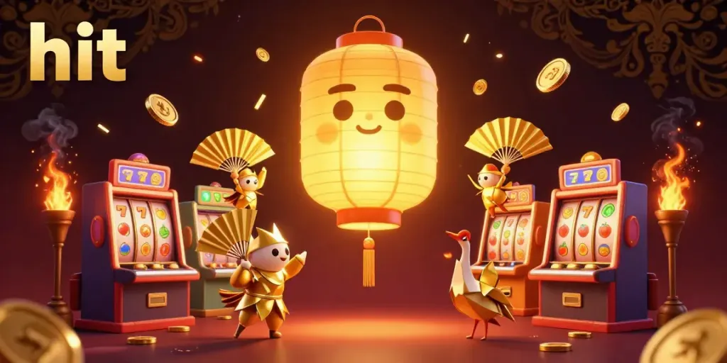 Experience the hit casino magic with a golden lantern spirit in a vibrant market, surrounded by slot machines.