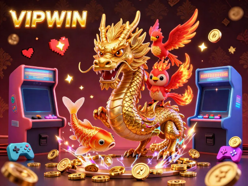 Experience the excitement of VIPWIN with a dynamic 3D casino scene featuring a golden dragon and vibrant gaming elements.