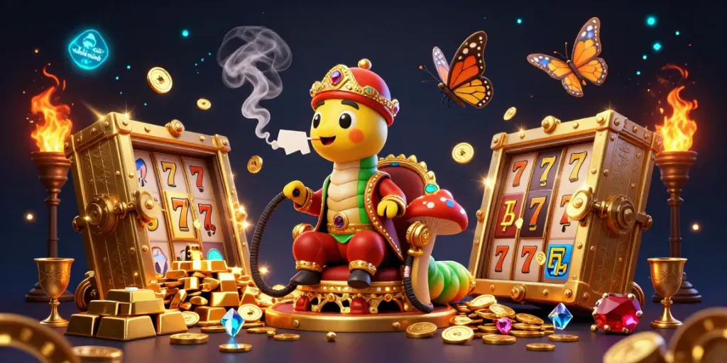 Engage with the vibrant casino atmosphere of mitchell-food-drink, featuring a playful caterpillar character surrounded by poker symbols and golden treasures.