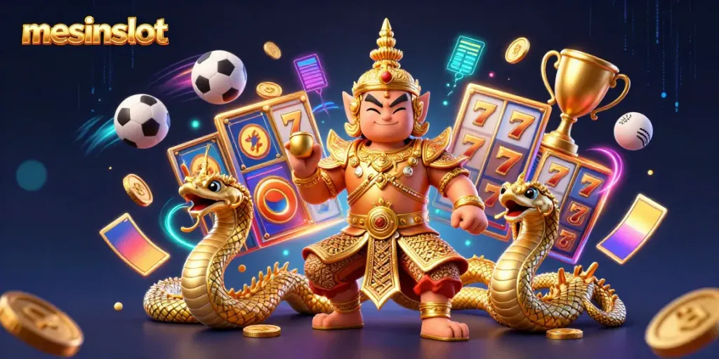 Experience the excitement of mesinslot with dynamic gaming elements, illustrated in a vibrant 3D scene.