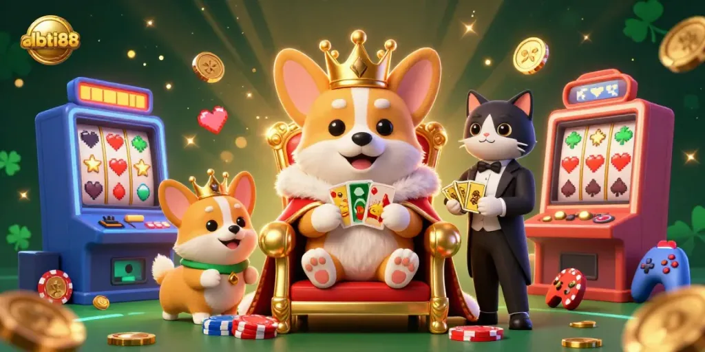 Experience high-stakes excitement with abcti88 as a royal corgi presides over a vibrant casino scene.
