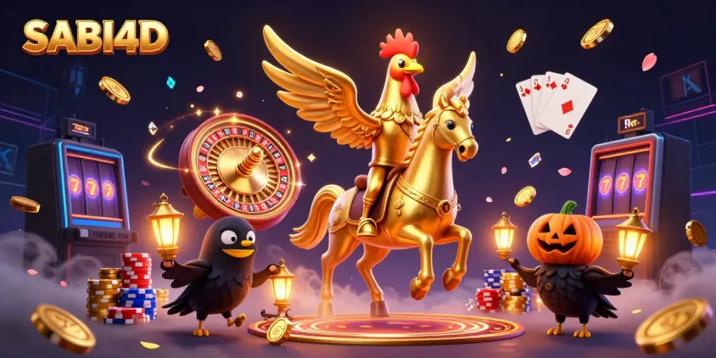 Gambaran mengenakan kostum SABI4D, beraksi di kasino malam dengan banyak koin berkilau.
