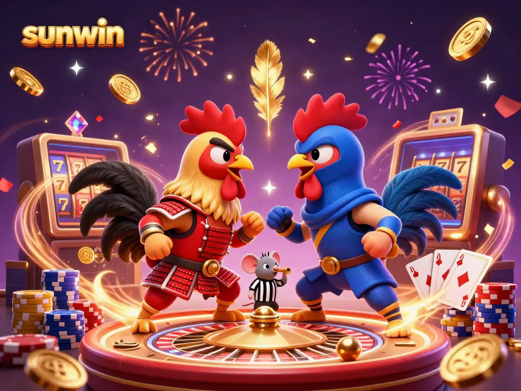 Witness an intense battle scene with fighting roosters and casino elements, showcasing sunwin gaming excitement.