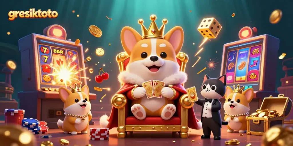 Gresiktoto mendatangkan keseruan slot dengan ilustrasi 3D corgi kerajaan dan mesin slot.