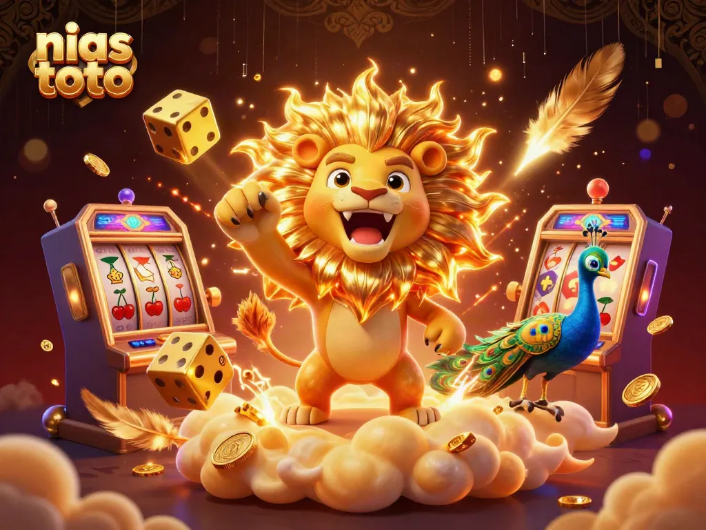 Gambar nias toto dengan singa matahari dan dadu emas di kasino slot online.