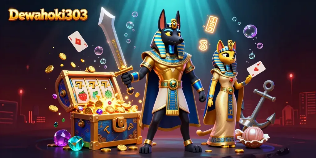 Dewahoki303 menampilkan Anubis dan Bastet di portal game yang penuh emas dan permata.