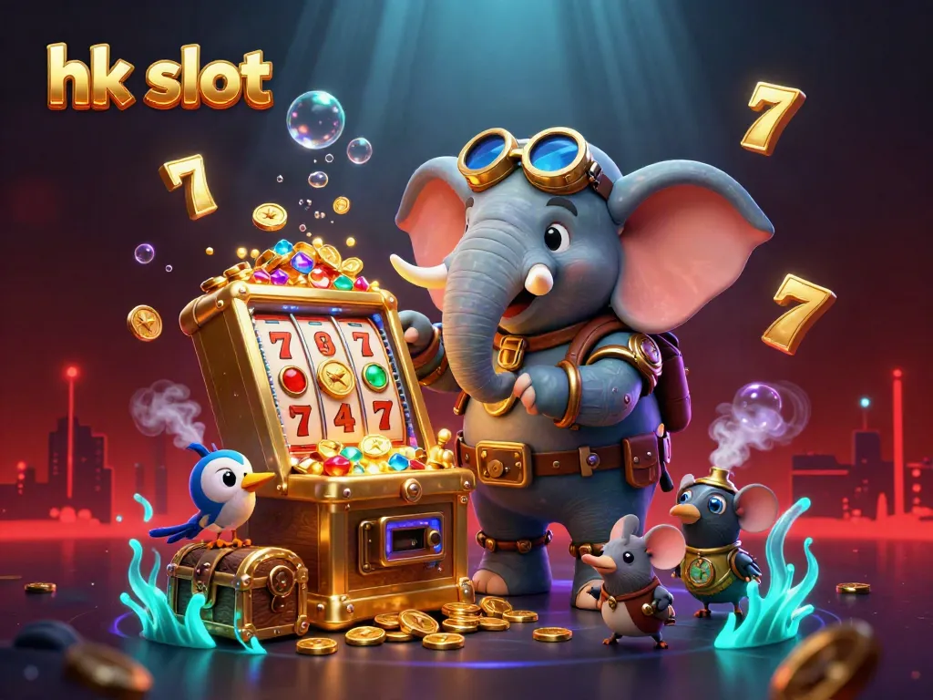 Experience excitement with hk slot as a steampunk elephant operates a golden slot machine in a rich, vibrant scene.