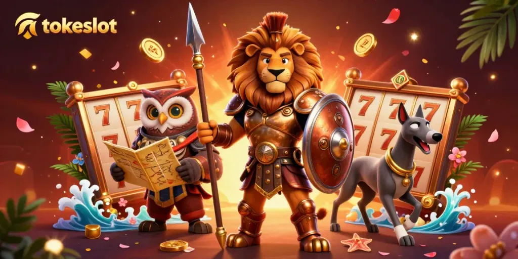 Experience the excitement of tokeslot with a dynamic scene of a Spartan lion and companions surrounded by slot reels and festive elements.