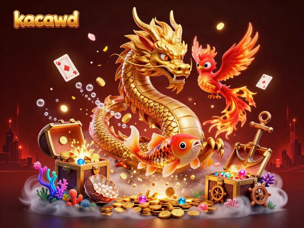 Raih jackpot dengan kacawd: naga emas beruntung mengelilingi koin dan harta karun.