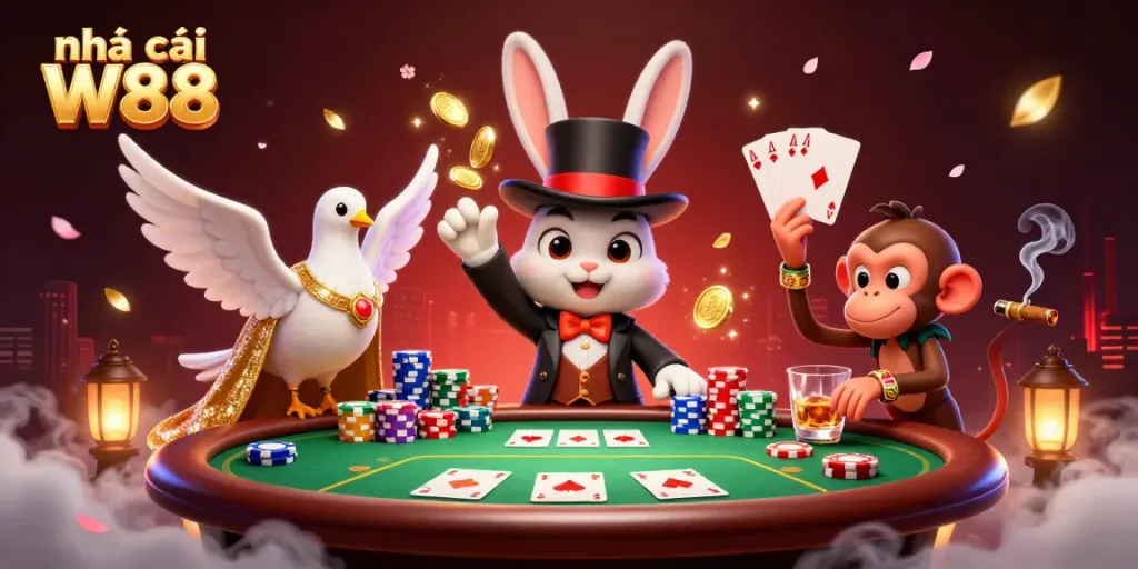 Experience excitement at nhà cái W88 with a 3D cartoon magician rabbit, dove, and monkey in a vibrant casino scene.