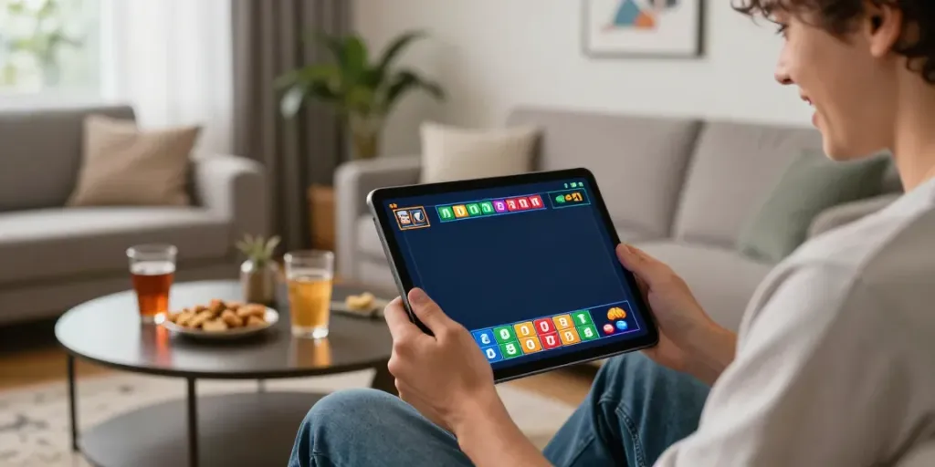 Ratutogel, pemain taruhan online menggunakan tablet di ruang tamu yang nyaman.