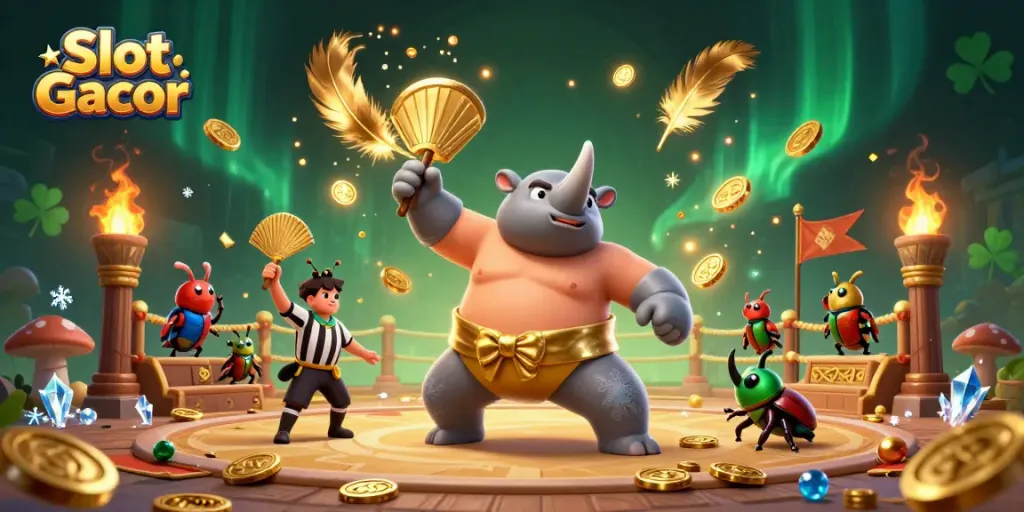 Experience Slot Gacor action with a sumo champion beetle amidst flying coins and vibrant casino elements.