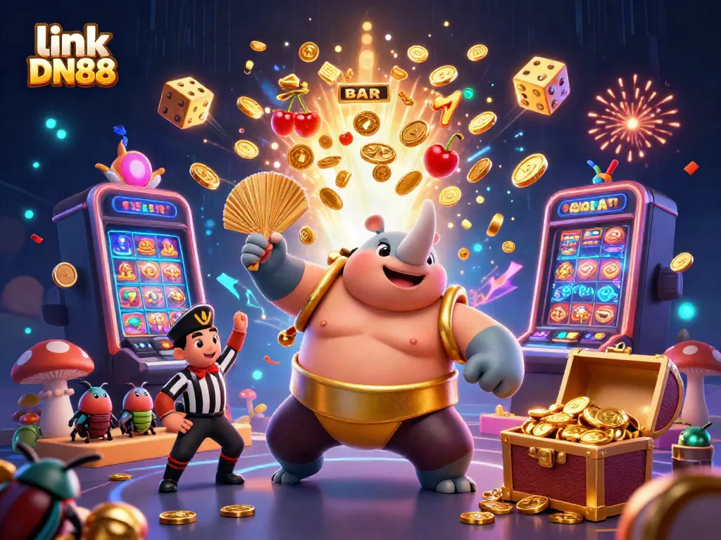Witness the thrilling gameplay atmosphere in a colorful 3D scene featuring the link DN88 mascot amidst a vibrant casino backdrop, showcasing excitement.