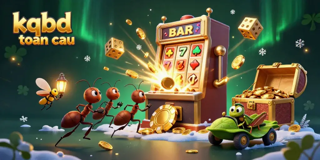 Engaging illustration featuring kqbd toan cau with cartoon ants and casino elements in a vibrant scene.