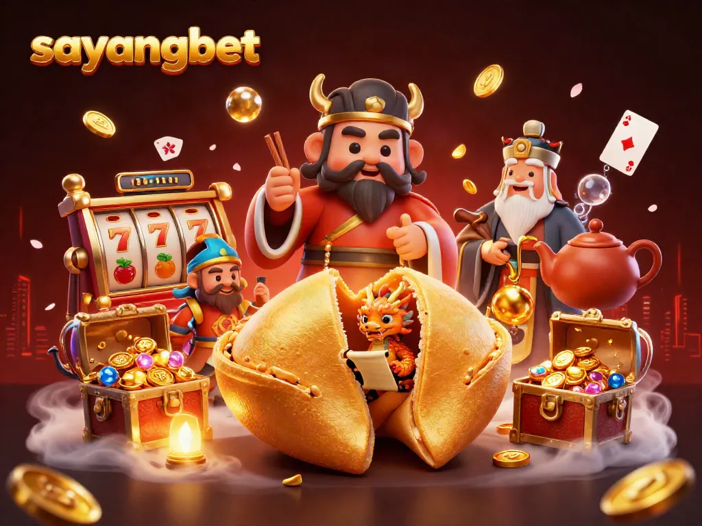Engage in thrilling gameplay with sayangbet, featuring vibrant illustrations of slot machines and golden fortunes.
