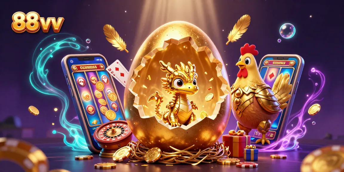 Experience the thrill of 88 vv as a golden dragon emerges from a poker chip nest amidst casino elements.