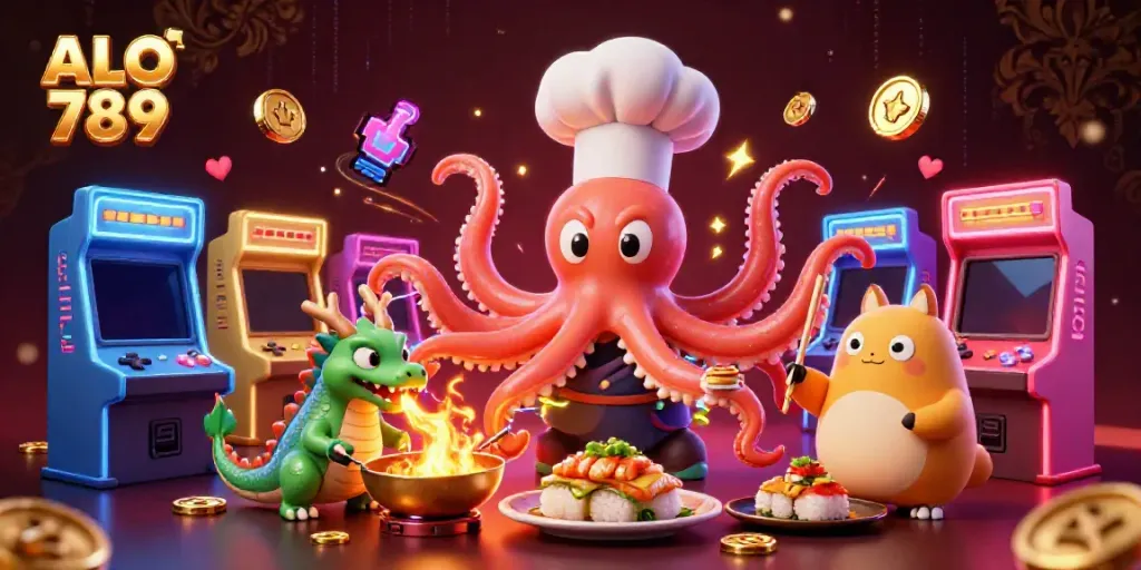 Experience thrilling gameplay at ALO 789 with vibrant visuals, giant octopus chef, and energetic gaming elements.