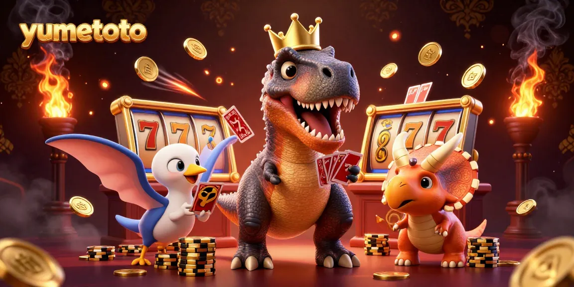 Experience excitement at yumetoto as adorable dinosaurs shuffle cards and stack chips in a vibrant 3D casino.