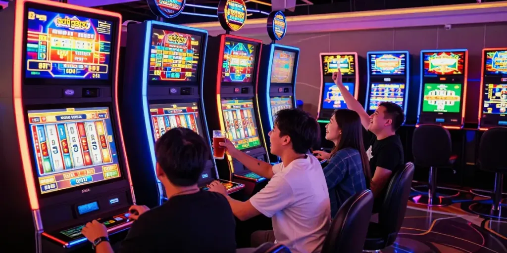 Players celebrating a win at a slot gacor machine in a lively casino atmosphere