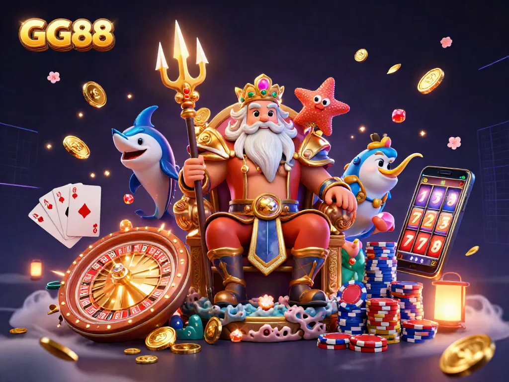 Join the excitement of GG88 with the animated sea king and his guard amidst flying casino elements.