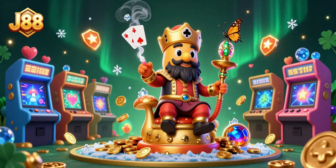 J88 showcases a vibrant casino scene with poker symbols and unique game elements amidst a whimsical setting.