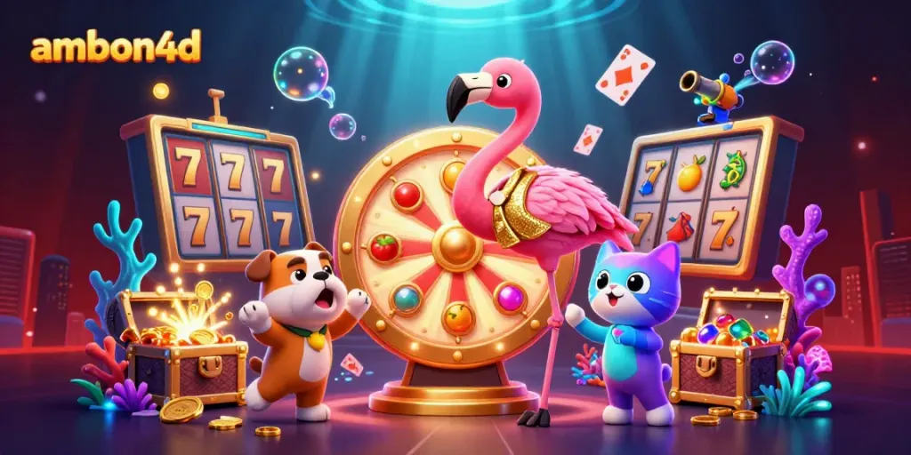 Experience the thrill of ambon4d's gaming action with vibrant characters and rich casino elements.