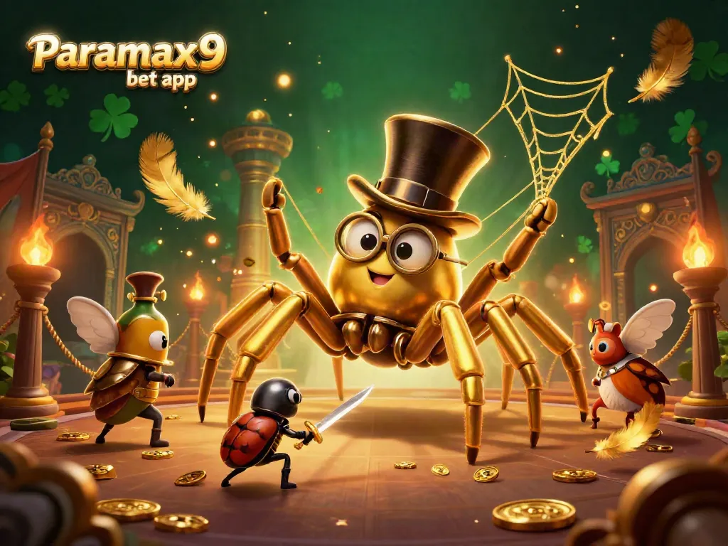 Engage with the thrilling atmosphere of the Paramax9 bet app featuring a golden tarantula amid casino elements.